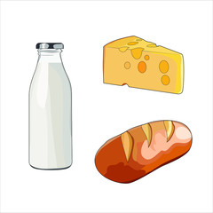 Milk in glass bottle. Fresh baked crusty bread. Yellow swiss slice of cheese. Cheddar cheese with holes. Dairy food set. Vector graphic illustration