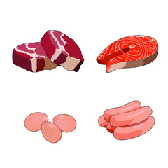 Beef meat steak, raw loin cuts. Red meat slices. Chicken sausages, poultry. Fresh salmon steak. Red fish fillet. Eggs. Breakfast food set full protein. Vector graphic illustration isolated