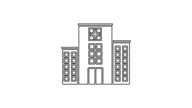 Black line Medical hospital building with cross icon isolated on white background. Medical center. Health care. 4K Video motion graphic animation
