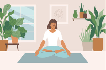 Vector illustration in flat cartoon simple style with character - woman doing yoga during lockdown and coronavirus quarantine - stay at home and exercise