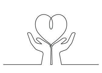 Continuous line drawing of heart between two  human hands meaning care and love.  Vector illustration