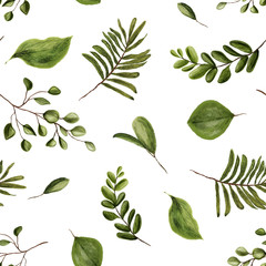 Seamless watercolor pattern with green branches and leafs on white background. Herbs for cosmetics, package, textile, cards