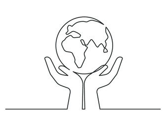 Continuous line drawing of globe in hands. Planet between two  human hands meaning care and love.  Vector illustration