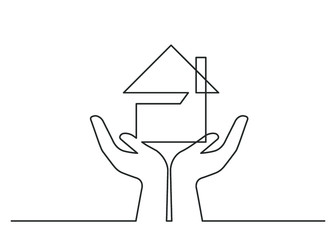 Continuous line drawing of   house between two human hands, meaning care and love. Vector illustration