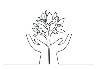 Continuous line drawing of growing plant between two  human hands meaning care and love. Vector illustration