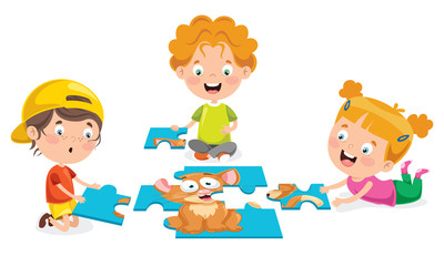 Fototapeta premium Kid Playing Colorful Jigsaw Puzzle