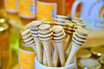 Set of honey spoons in honey shop