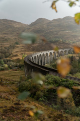 Glenfinnan Railway Viaduct in Scotland with, view from the ground during cloudy day