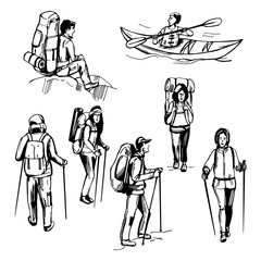 Hand drawn travelers with backpack. Hiking tourists. Kayak man. Vector sketch  illustration.