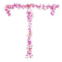 Letter T latin alphabet. Pink dot circles, shades of pink lilac. Lettering bubbles circles, hand drawing letter font. Beautiful color stylized type for design