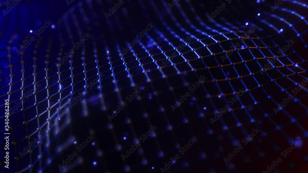 Poster abstract mesh with wave motion and depth of field. connected data nodes. artificial intelligence. vi