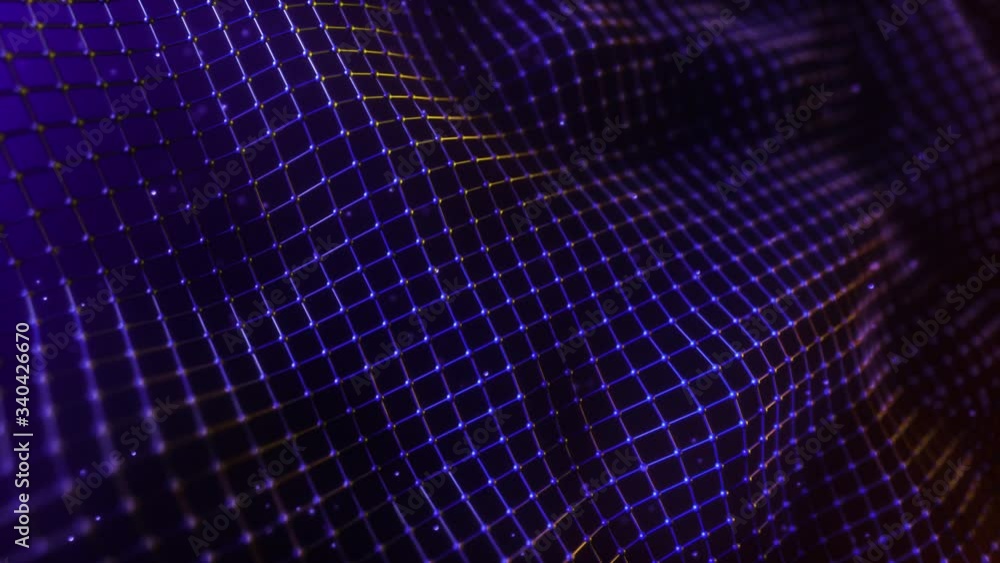 Poster abstract mesh with wave motion and depth of field. connected data nodes. artificial intelligence. vi
