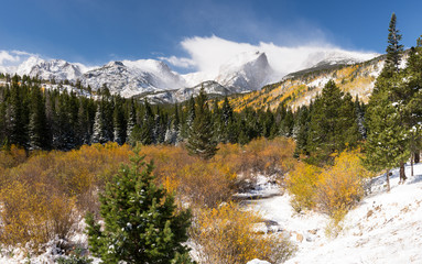 13,153 foot Taylor Peak 12,486 foot Otis Peak, 12,713 foot Hallet Peak and 12,324 foot Flat Top Mountain after an early Fall snow storm.  Rocky Mountain National Park, Northern Colorado.