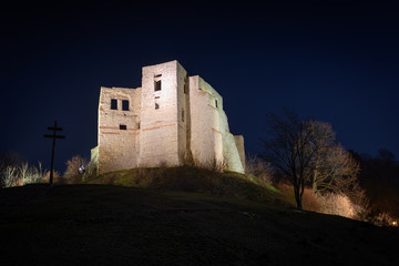 Night view of the ruins of the medieval castle (14th - 16th century) in Kazimierz Dolny -  a lovely small town located on the right bank of the Vistula river. Lublin voivodeship, Poland, Europe.