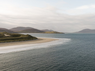 Aerial drone photo of Traigh Rosamol point at Luskentyre beach on the western coast of the Isle of...