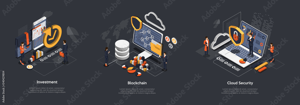 Poster isometric blockchain, cloud security and investments concept. people provide protection of data, saf