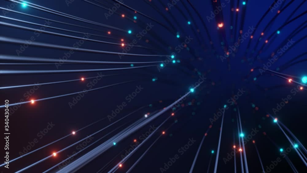 Poster propagation of a blue signal through a wire. the movement of the camera behind the wires. the concep