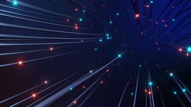 Propagation of a blue signal through a wire. The movement of the camera behind the wires. The concept of the dissemination and transmission of information in the digital world. Seamless loop 3d render
