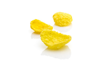 Cereal healthy superfood cornflakes breakfast. Yellow cereal corn flakes - snack breakfast best with milk. Dieting and detoxication concept with mineral nutrients. Macro close-up shot.