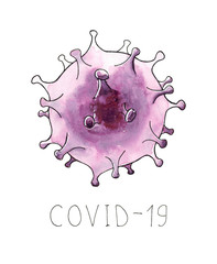 Watercolor hand drawn sketch illustration of virion, a particle of the covid 19 virus with lettering COVID - 19 isolated on white