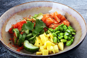 buddha bowl with salmon and avocado. Balanced detox trend snack