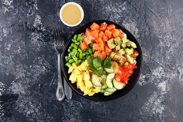 buddha bowl with salmon and avocado. Balanced detox trend snack
