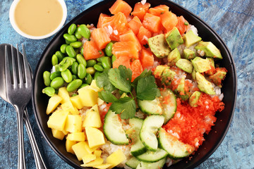 buddha bowl with salmon and avocado. Balanced detox trend snack