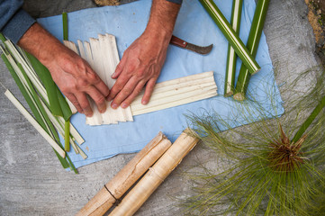 Artisan of the papyrus paper in Syracuse overlapping perpendicularly strips obtained from the stem of the plant