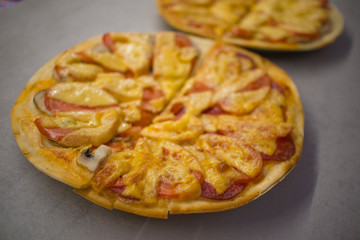 two round pizzas with different fillings, cut in half with cheese, salami with mushrooms and tomatoes