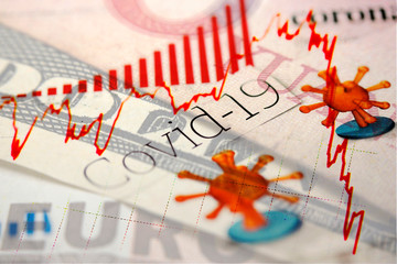 Close-up of Chinese Yuan, Dollar-and Euro banknote with Corona / Covid-19 newspaper headlines and red declining financial market trend