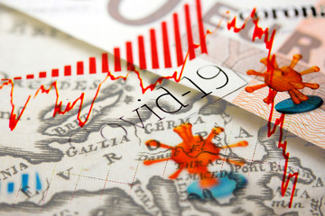 Euro banknote on top of an old map of Europe combined with Corona / Covid-19 newspaper headlines incl. a red declining financial market trend