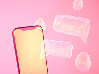 A smartphone with a yellow blank screen and message bubbles are on a pink background. The concept of communication through instant messengers, social networks, work chats. Abstract 3d illustration.