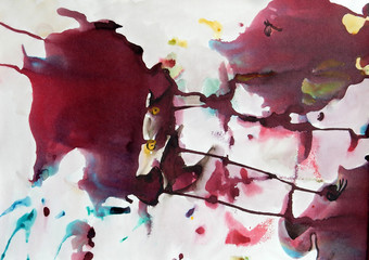 abstract with burgundy color spots and lines and blots on a white background