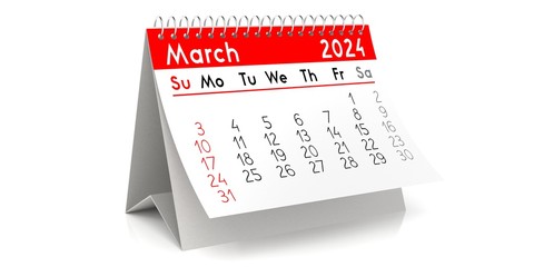 March 2024 - table calendar - 3D illustration