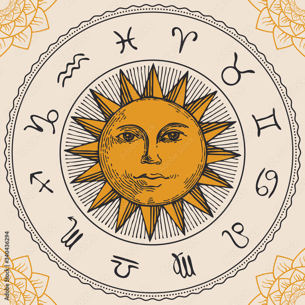 Wall mural vector circle of the zodiac signs in retro style with hand-drawn sun and floral patterns in the corn