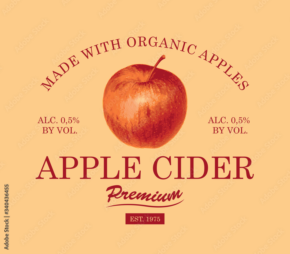 Poster vector label for apple cider with a realistic image of a red apple and inscriptions on a light backg