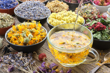 Cup of healthy marigold tea and calendula flowers. Healthy calendula tea poured into glass cup. Medicinal herbs - lavender, cornflower, echinacea, marigold, oak bark, Helichrysum on background.