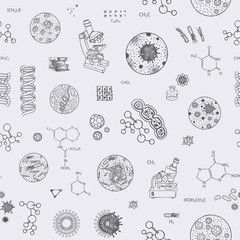 Vector seamless pattern on the theme of chemistry, biology, medicine, genetics. Black and white illustration with drawings and sketches in retro style. Suitable for wallpaper, wrapping paper, fabric