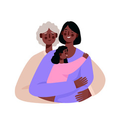 Mother,daughter and granddaughter. Senior mother hug her adult daughter with love. Mother holding daughter in arms. Smiling three generations of women. Happy mothers day card. Vector illustration