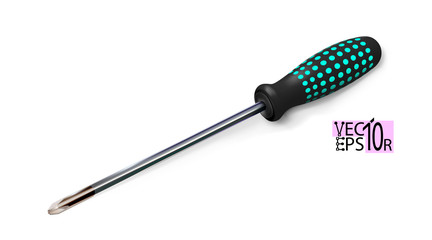 Professional realistic screwdriver with a plastic black and turquoise handle. Isometric 3d construction tool isolated on white background. Cruciform for repair and construction. Vector illustration