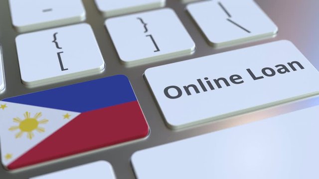 Online Loan text and flag of Philippines on the keyboard. Modern credit related conceptual 3D animation