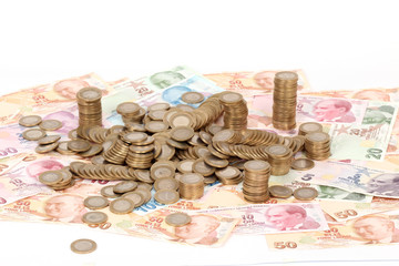 Turkish lira banknotes and coins