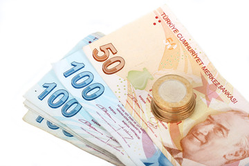 Turkish lira banknotes and coins