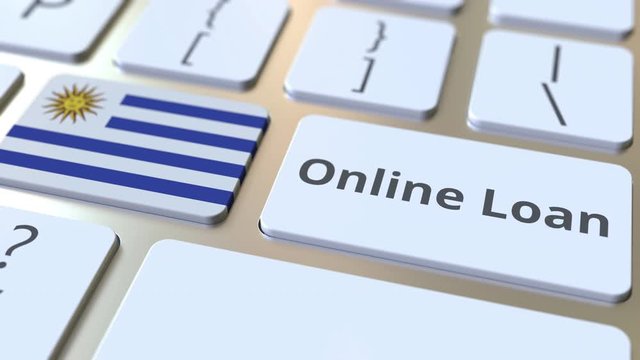 Online Loan text and flag of Uruguay on the keyboard. Modern credit related conceptual 3D animation