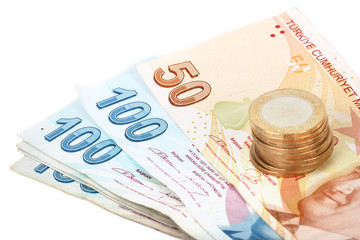 Turkish lira banknotes and coins