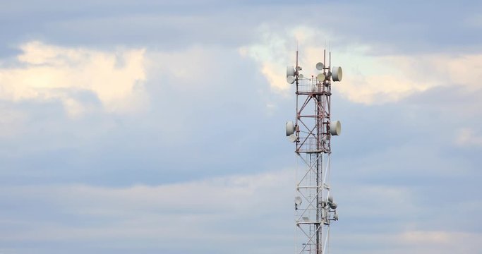 Interval timer shooting . repeater.GSM tower . phone tower with blue sky and cloudy background.ADSL, GPRS, LTE.3G. 4G. 5g. RS 1800.CDMA.Cellular tower station for wireless telecommunication technology