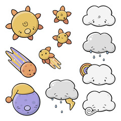 Vector set of cute sky elements drawings with black outlines and flat colors. Includes a sun, a sleeping moon with a hat, a falling meteorite, a shooting star, normal stars and various clouds.