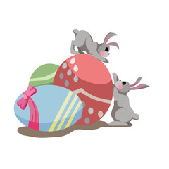 Two grey rabbits with colorful eggs on isolated white background for Easter topic, vector illustration for postcards, covers of note and sketchbooks or a decoration for websites or posters.