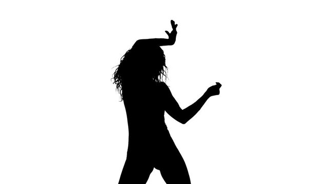 Medium long shot of a young beautiful woman dancing dancehall, street dance, latin dance, black silhouette on a white background