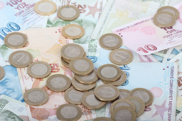 Turkish lira banknotes and coins